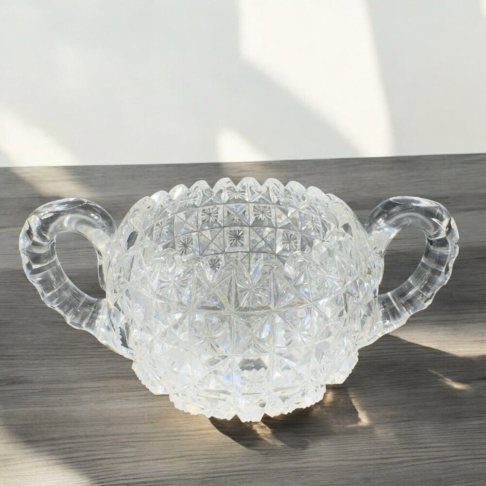 Antique Clear Crystal Glass Open Sugar Bowl Vintage Glassware Decor Heavy Glass